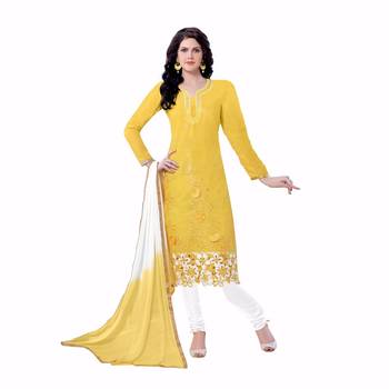 Yellow Cotton Embroidered Unstitched Salwar With Dupatta 1