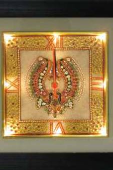 eCraftIndiaGolden Color Designed Marble Wall Clock with LED and Wooden Frame