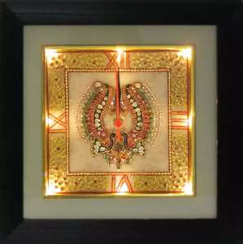 eCraftIndiaGolden Color Designed Marble Wall Clock with LED and Wooden Frame