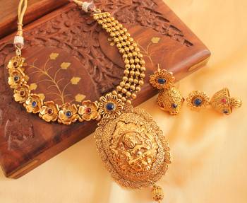 Divine Antique Blue  Red Lakshmi Necklace Set  1