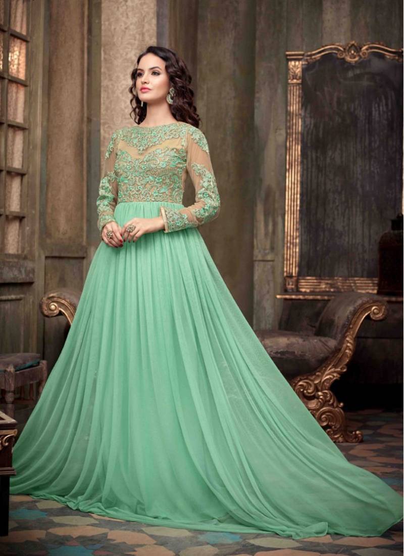 stitched party wear dresses Green net silk embroidered semi stitched party wear gown - FAB DIWANA