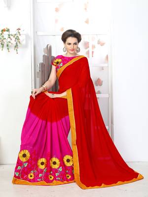 Red embroidered georgette saree with blouse 5
