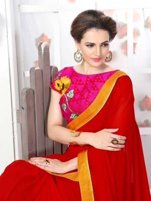 Red embroidered georgette saree with blouse 6
