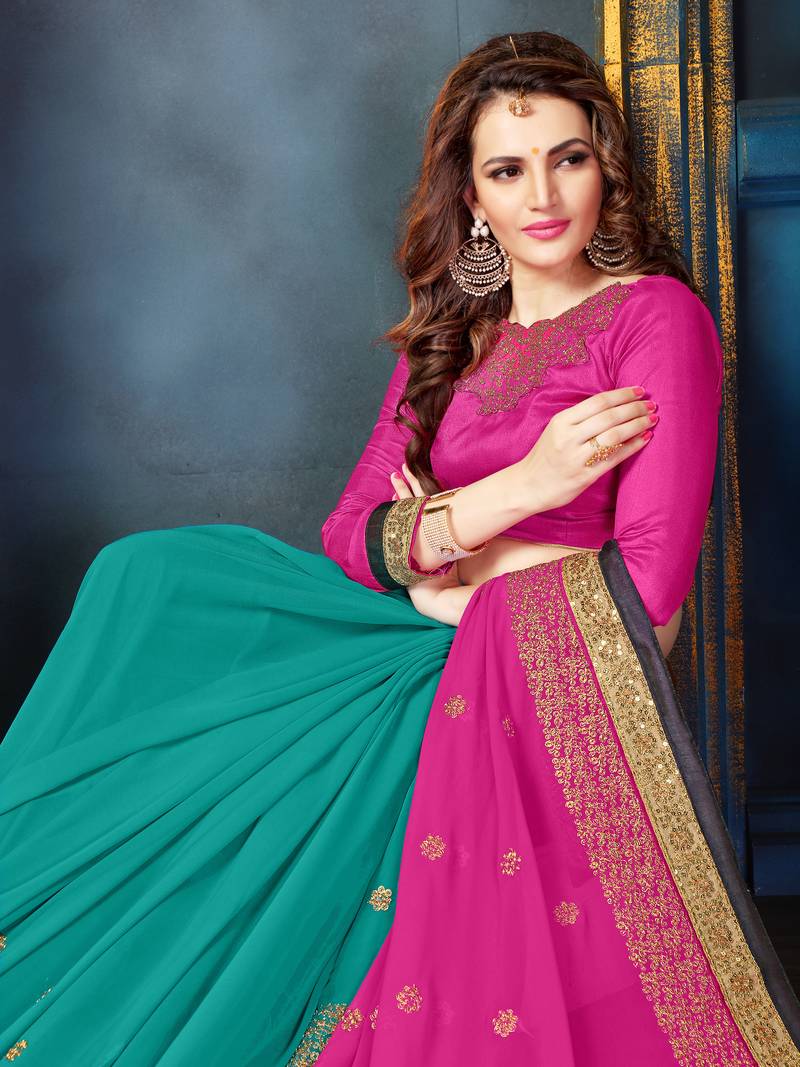 Pink embroidered georgette saree with blouse