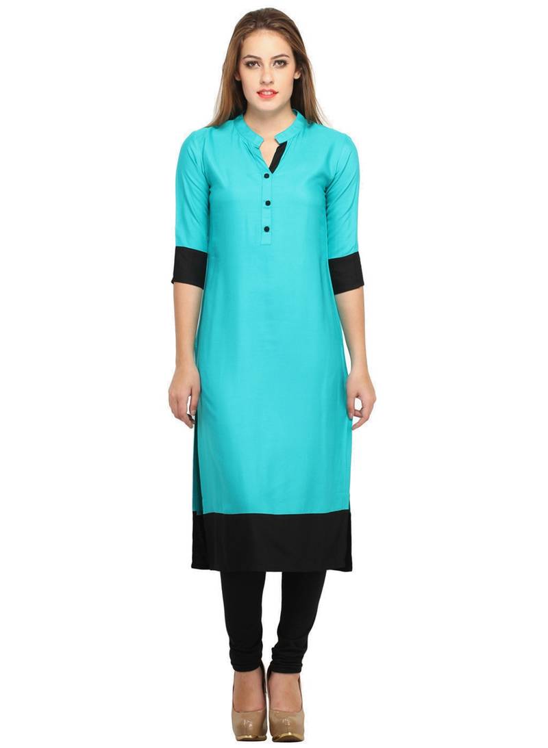 Sky blue plain cotton semi stitched kurti