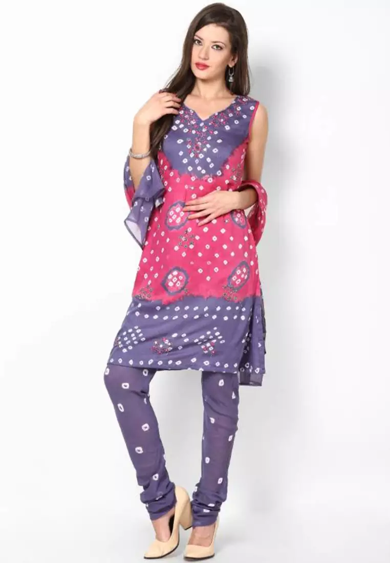 Pink Grey Cotton Unstitched Salwar Suit Material