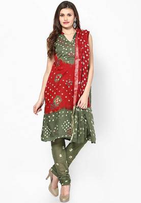 Beautiful Red Green Cotton Bandhej Dress Material 1