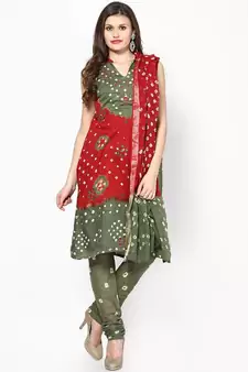 Beautiful Red Green Cotton Bandhej Dress Material