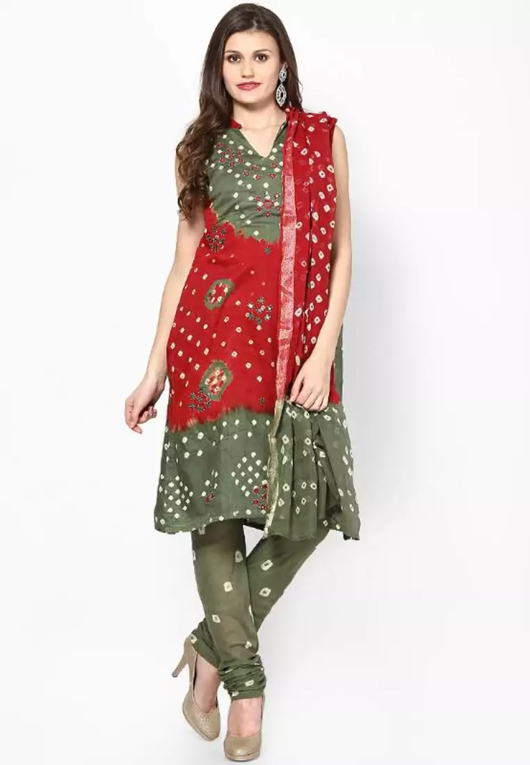Beautiful Red Green Cotton Bandhej Dress Material
