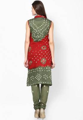 Beautiful Red Green Cotton Bandhej Dress Material 2