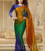 Tri Coloured  Peacock Feather Print Georgette Saree