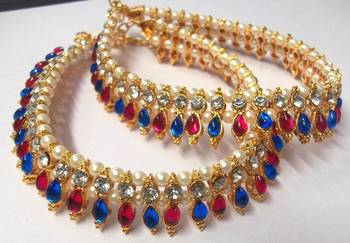 Pink and Blue Tilak Golden Pearl Anklet 1