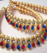 Pink and Blue Tilak Golden Pearl Anklet