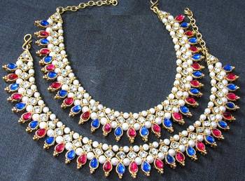 Pink and Blue Tilak Golden Pearl Anklet 2