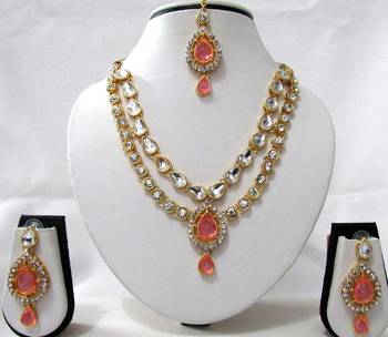 Pink 2 Line Tilak Stone Necklace Set 1
