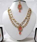 Pink 2 Line Tilak Stone Necklace Set