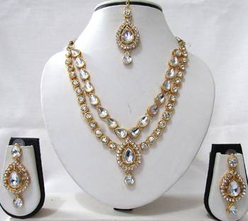 White 2 Line Tilak Stone Necklace Set 1