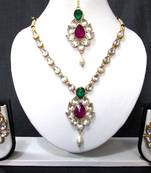 White Drop Pink and Green Stone Necklace Set