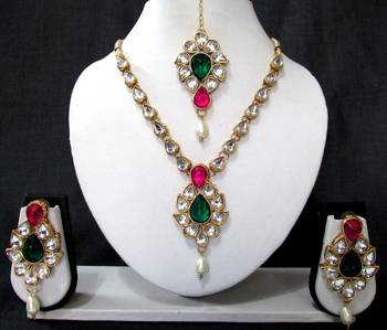 White Drop Pink and Green Stone Necklace Set 2
