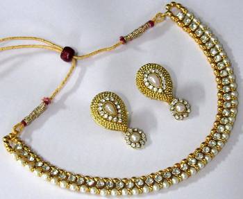 Golden White Stone Nice Polki Necklace Set 1