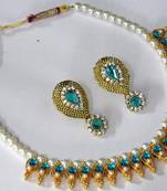 Sky Blue Pearl Leaf Polki Necklace Set