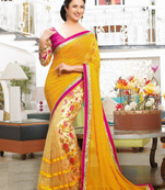 Yellow printed faux chiffon saree with blouse