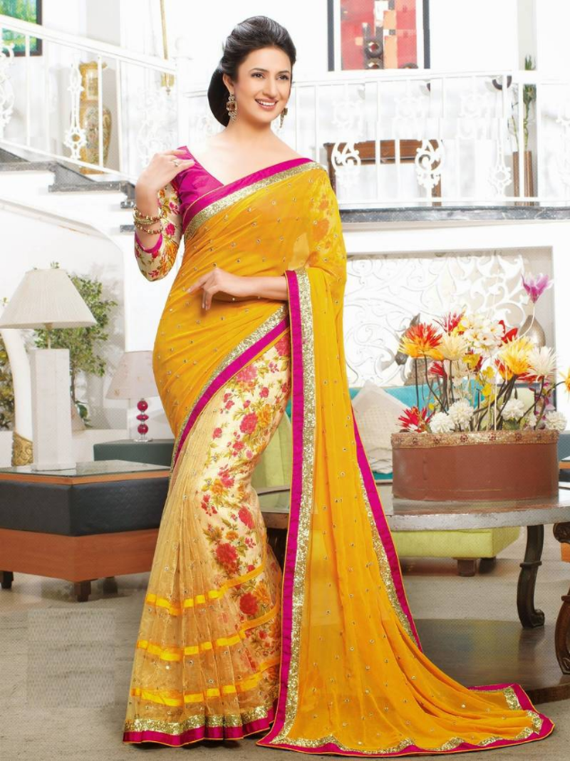 Yellow printed faux chiffon saree with blouse