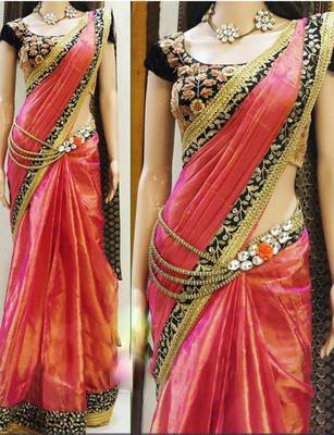 Orange embroidered Paper Silk saree With Blouse 1