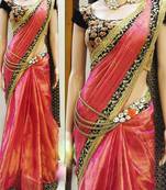Orange embroidered Paper Silk saree With Blouse