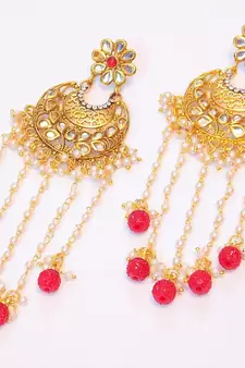  PEARL RED STONE CHAND BALI DANGLER EARRING