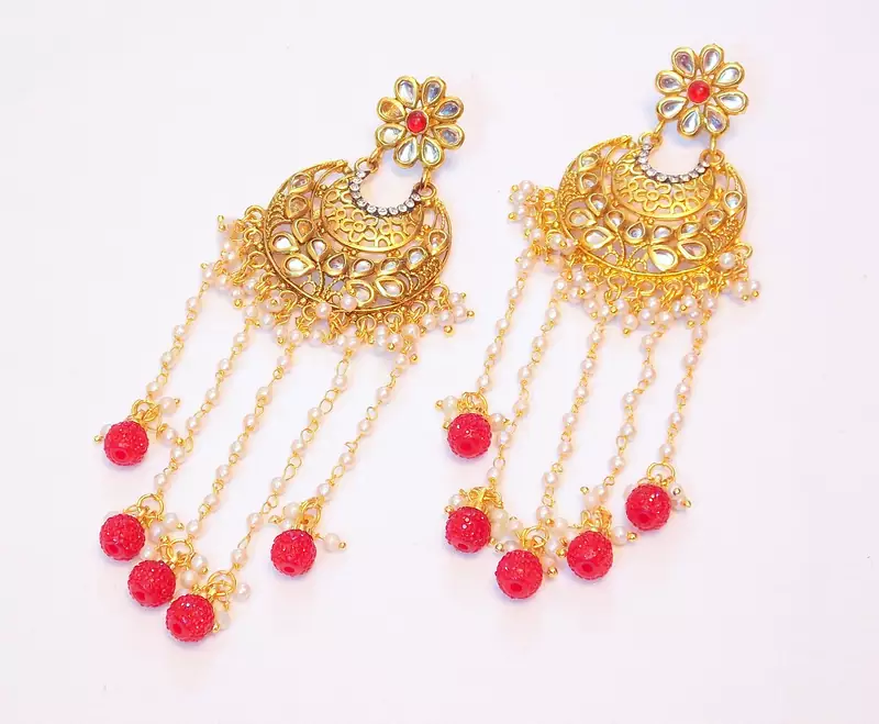  PEARL RED STONE CHAND BALI DANGLER EARRING