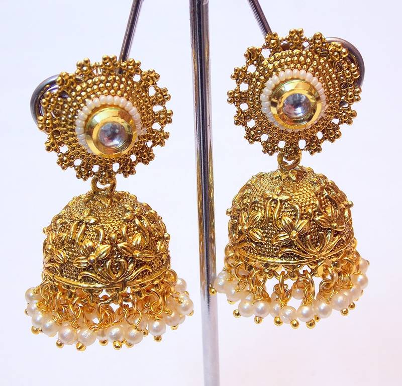 Gold PEARL KUNDAN JHUMKI EARRING