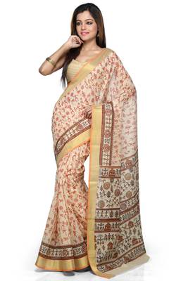 Orange printed cotton saree with blouse 1