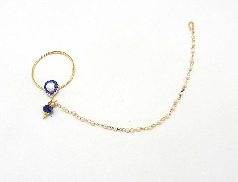 Blue Color Rajasthani Nath Made With Brass & Decorated With Kundan And Pearl Chain