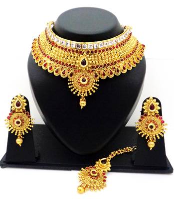Ethnic Kemp Stone Bridal Choker Necklace Set With Maang Tikka 2