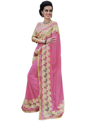 Pink embroidered chiffon saree with blouse 1