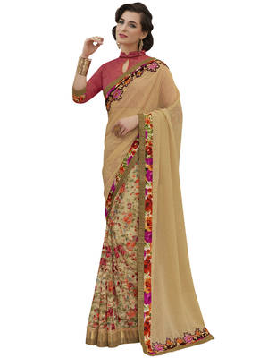 Beige embroidered georgette saree with blouse 1