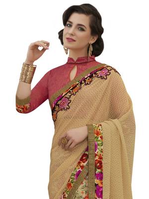 Beige embroidered georgette saree with blouse 2
