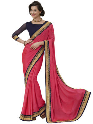 Pink embroidered jacquard saree with blouse 1
