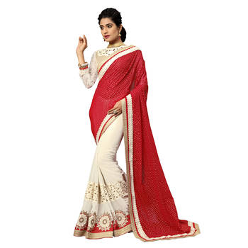 Red embroidered faux georgette saree with blouse 1