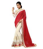 Red embroidered faux georgette saree with blouse