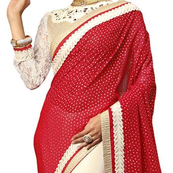 Red embroidered faux georgette saree with blouse 3