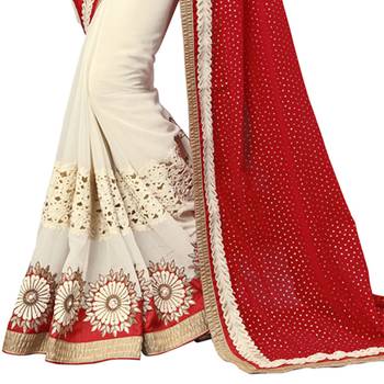 Red embroidered faux georgette saree with blouse 4