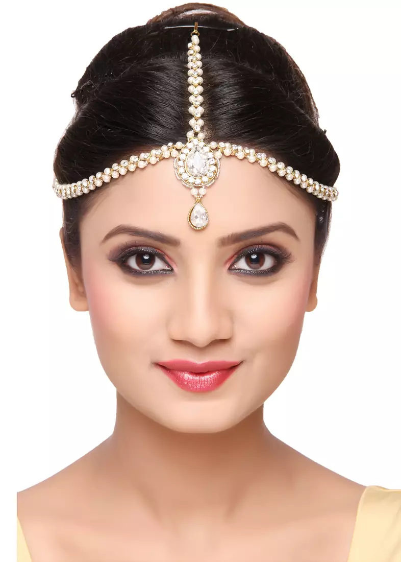 Trendy Design Matha Patti For Wedding Gold Finishing With Pearl And Stone In White