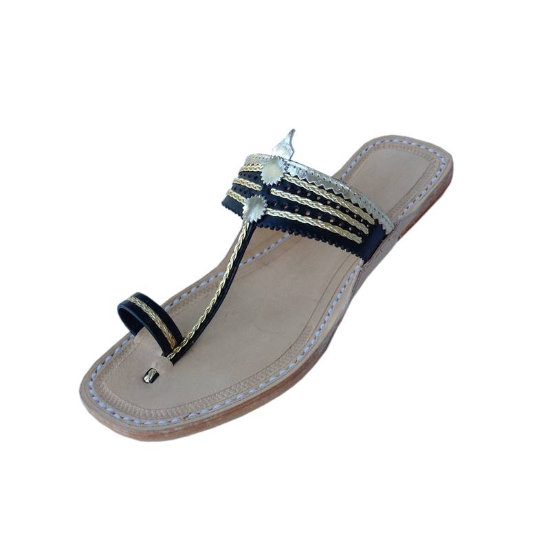 Black and Golden Ladies Kolhapuri Chappal