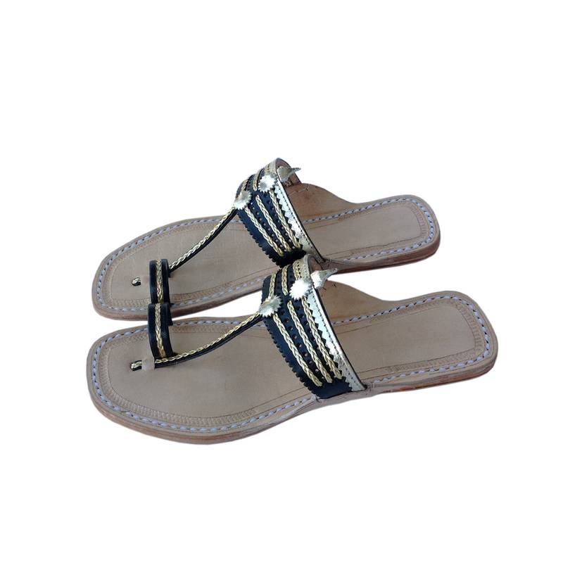 Black and Golden Ladies Kolhapuri Chappal