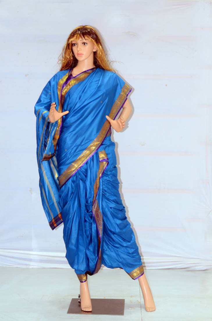 azure blue woven art silk brahaman ready made nauvari saree