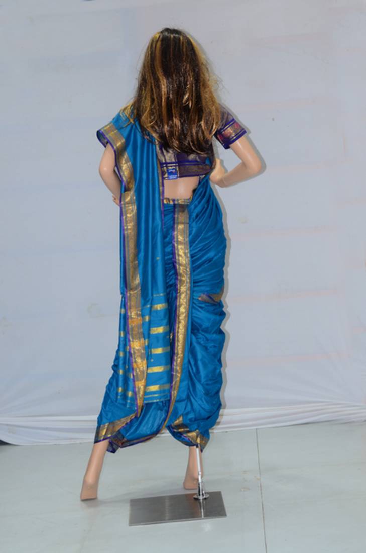 azure blue woven art silk brahaman ready made nauvari saree