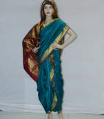 peacock blue woven art silk brahaman ready made nauvari saree