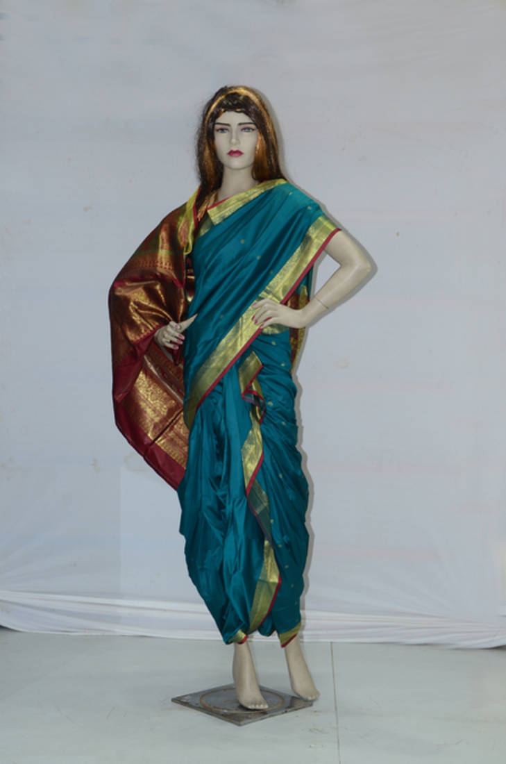peacock blue woven art silk brahaman ready made nauvari saree